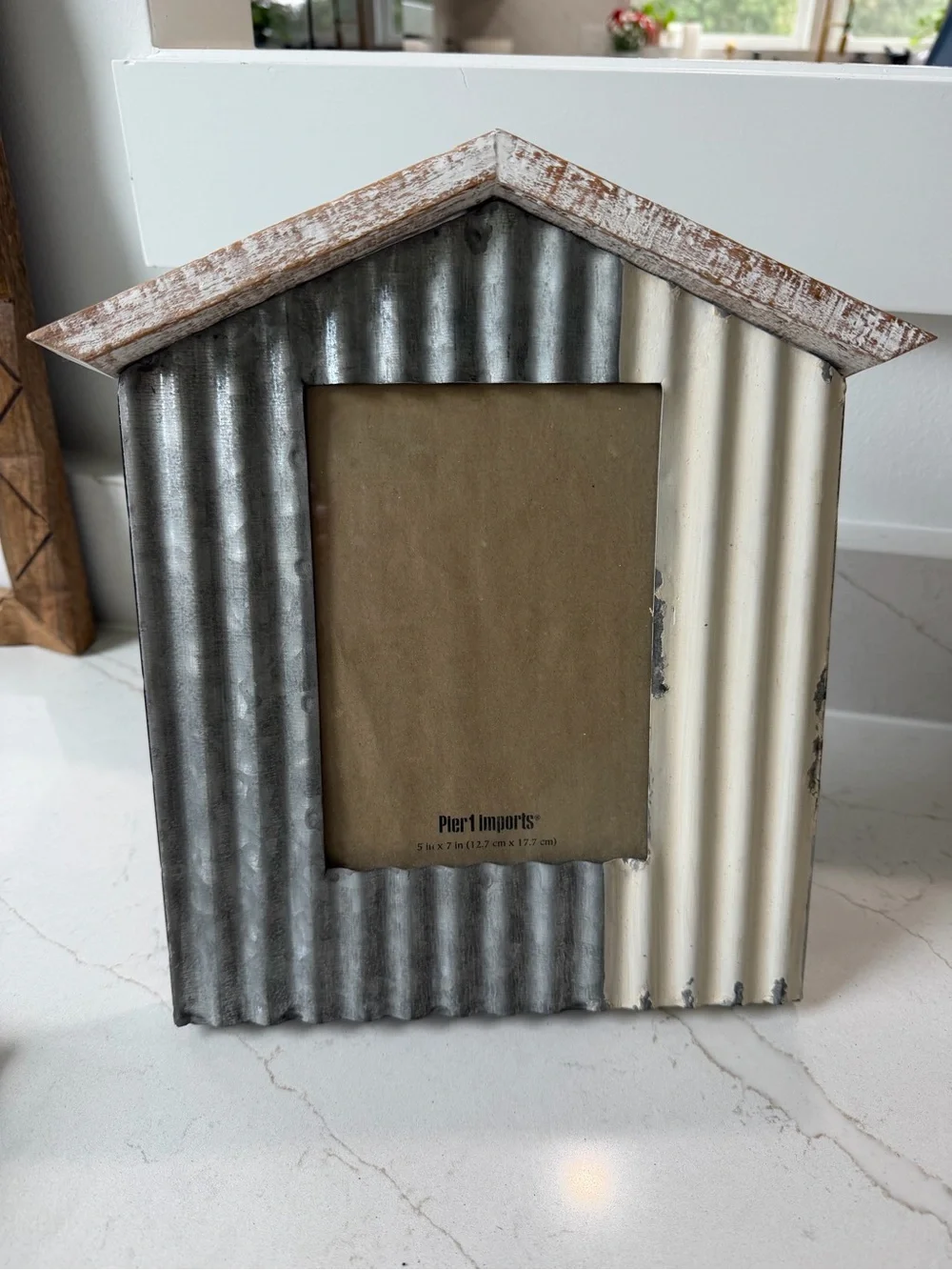 Pier 1 House-Shaped Corrugated Metal Photo Frame in Gray & Cream
